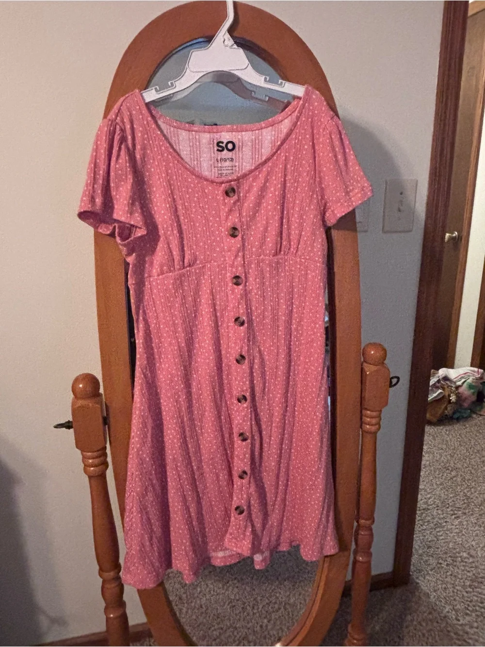 NWOT SO Girls Pink Ribbed Button Front Dress Polka Dot Puff Sleeve Size L 10/12